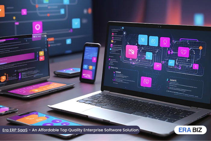 Laptop and devices with software, Era ERP SaaS, Enterprise Software Solution, software development