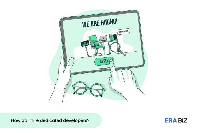 Finger presses on apply button of hiring ad, How to hire dedicated developers, era biz solutions