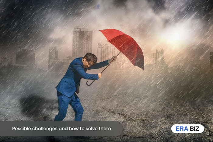 Man struggling with umbrella in storm, Possible Challenges in IT Outsourcing, Problems and Solutions, Era Biz Solutions