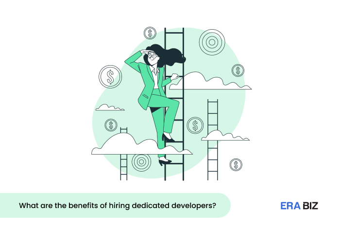 Benefits of Hiring a Dedicated Developer, Young entrepreneur reaching for the skies using a Dedicated Development Ladder, Advantages, Era Biz solutions